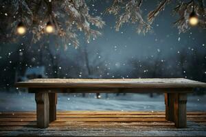 ai généré vide hiver bois planche planche table avec chute de neige ai généré photo