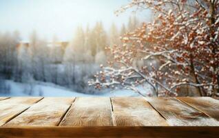 ai généré vide hiver bois planche planche table avec chute de neige ai généré photo