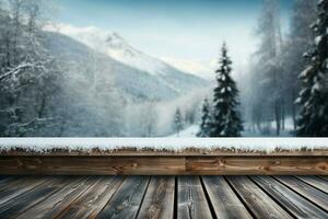 ai généré vide hiver bois planche planche table avec chute de neige ai généré photo