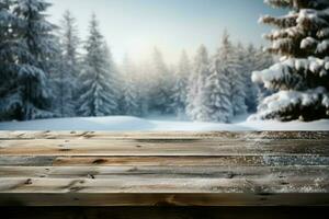 ai généré vide hiver bois planche planche table avec chute de neige ai généré photo