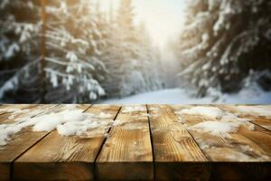 ai généré vide hiver bois planche planche table avec chute de neige ai généré photo