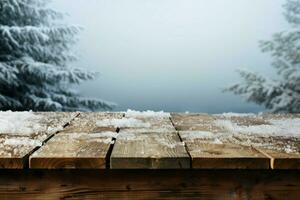 ai généré vide hiver bois planche planche table avec chute de neige ai généré photo