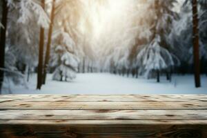 ai généré vide hiver bois planche planche table avec chute de neige ai généré photo