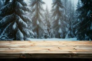 ai généré vide hiver bois planche planche table avec chute de neige ai généré photo