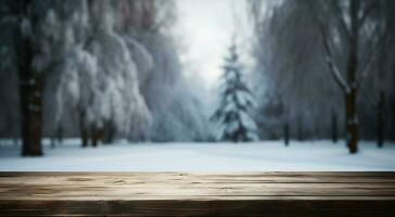 ai généré vide hiver bois planche planche table avec chute de neige ai généré photo