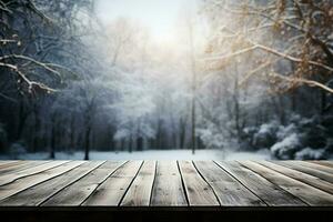 ai généré vide hiver bois planche planche table avec chute de neige ai généré photo