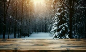 ai généré vide hiver bois planche planche table avec chute de neige ai généré photo