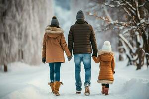 ai généré arrière vue de famille dans hiver vacances neigeux ai généré photo