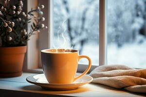 ai généré tasse de thé ou café agresser sur table près fenêtre hiver vacances ai généré photo