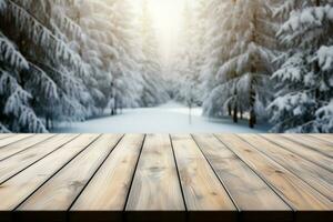 ai généré vide hiver bois planche planche table avec chute de neige ai généré photo