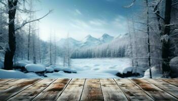 ai généré vide hiver bois planche planche table avec chute de neige ai généré photo