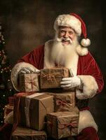 ai généré content Père Noël en portant une boîte plein de cadeaux photo