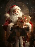 ai généré content Père Noël en portant une boîte plein de cadeaux photo
