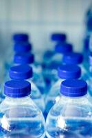 minéral l'eau bouteilles dans une rangée avec bleu casquettes photo