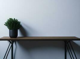 ai généré Haut de bois balcon table avec paysage marin blanc Contexte photo