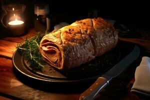 ai généré du boeuf Wellington, classique steak plat sur en bois tableau. Coupe couteau et bougie. ai généré photo