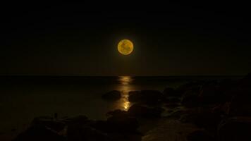 nuit ciel et une plein lune sur le mer. photo