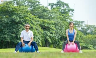 Sénior asiatique homme et le sien fille est séance sur le yoga Balle dans le Publique parc tandis que ayant loisir conversation ensemble pour aîné longévité exercice et Extérieur faire des exercices photo