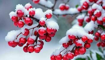ai généré rouge baies branche couvert dans neige photo