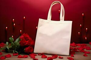 ai généré Valentin fourre-tout sac produit maquette, la Saint-Valentin journée blanc fourre-tout sac maquette photo