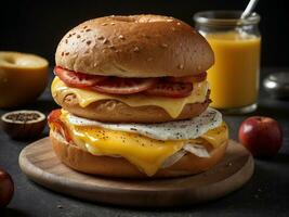 ai généré copieux petit déjeuner sandwich sur une beignet photo