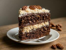 ai généré tranche de allemand Chocolat gâteau fermer photo