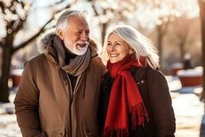 ai généré content Sénior interracial couple en marchant ensemble dans une hiver Publique parc. mature gens profiter et chute dans l'amour avec chaque autre. ai génératif. Valentin journée et longévité photo