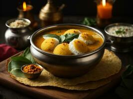 ai généré végétarien Sud Indien petit déjeuner thali - idli vada Sambar chutney upma photo