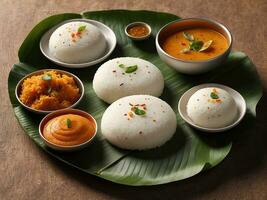 ai généré Sud Indien nourriture idli Sambar avec noix de coco chutney photo