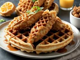 ai généré proche en haut de rustique du sud américain confort nourriture poulet gaufre photo