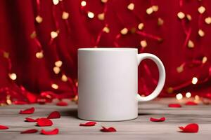 ai généré maquette de une Valentin blanc tasse, Vide blanc agresser maquette pour valentines journée photo