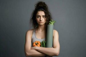 ai généré triste femme en portant des légumes yoga tapis. produire ai photo