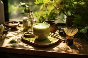 ai généré matcha latté vert Lait mousse tasse sur bois table à café. d'or heure. branché alimenté thé photo