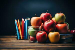 ai généré école journée scène avec réaliste salle de cours livres des crayons pommes génératif ai photo