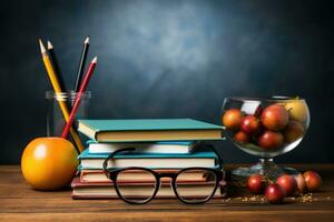 ai généré Université salle de cours scène content prof journée avec livres des crayons pommes génératif ai photo