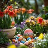 ai généré une coloré jardin réglage avec Pâques des œufs caché parmi le fleurs. photo