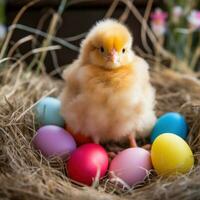 ai généré une duveteux Jaune poussin séance parmi coloré des œufs dans une lit de paille. photo