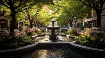 ai généré caché jardin oasis dans le cœur de le ville, avec épanouissement fleurs photo