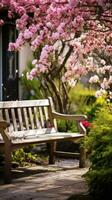 ai généré un attrayant printemps jardin avec une en bois banc et une épanouissement arbre dans le arrière-plan, photo