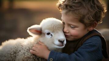 ai généré une Jeune garçon doucement coups le duveteux fourrure de une bébé agneau niché avec contentement sur le sien genoux. photo
