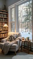 ai généré une en train de lire coin avec une confortable fauteuil et une étagère à livres rempli avec sur le thème de l'hiver lit, photo