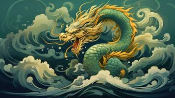 ai généré une royal vert et or chinois dragon, entouré par tourbillonnant des nuages et ensemble contre une Profond bleu Contexte photo