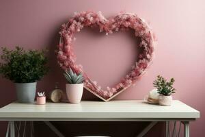 ai généré une minimaliste Bureau avec une en forme de coeur couronne et rouge et rose papeterie fournit photo