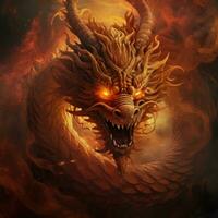 ai généré une majestueux chinois dragon avec d'or Balance et féroce yeux, photo