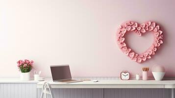 ai généré une minimaliste Bureau avec une en forme de coeur couronne et rouge et rose papeterie fournit photo