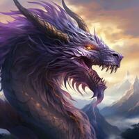 ai généré une majestueux chinois dragon dans nuances de violet et or, photo