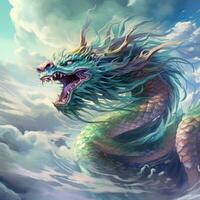 ai généré une coloré chinois dragon dans nuances de bleu, vert, et violet, planant par le ciel photo