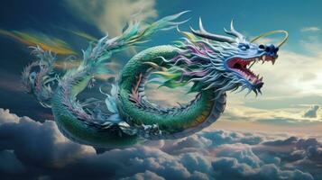 ai généré une coloré chinois dragon dans nuances de bleu, vert, et violet, planant par le ciel photo
