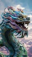 ai généré une coloré chinois dragon dans nuances de bleu, vert, et violet, planant par le ciel photo