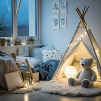 ai généré une enfant chambre avec espiègle hiver décorations et une confortable en train de lire coin, photo